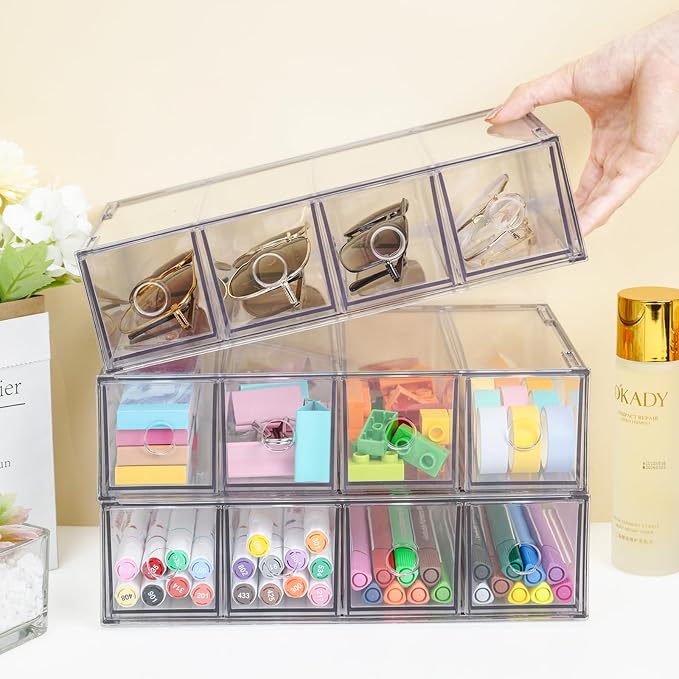 Desk Organizer with 12 Drawers, FODIENS 3 Packs Stackable Desktop Storage Box - Image 2