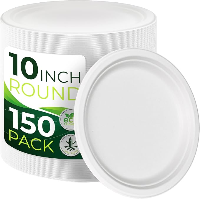150pcs 100% Compostable Paper Plates, Heavy Duty, Eco Friendly, Biodegradable by Birchio