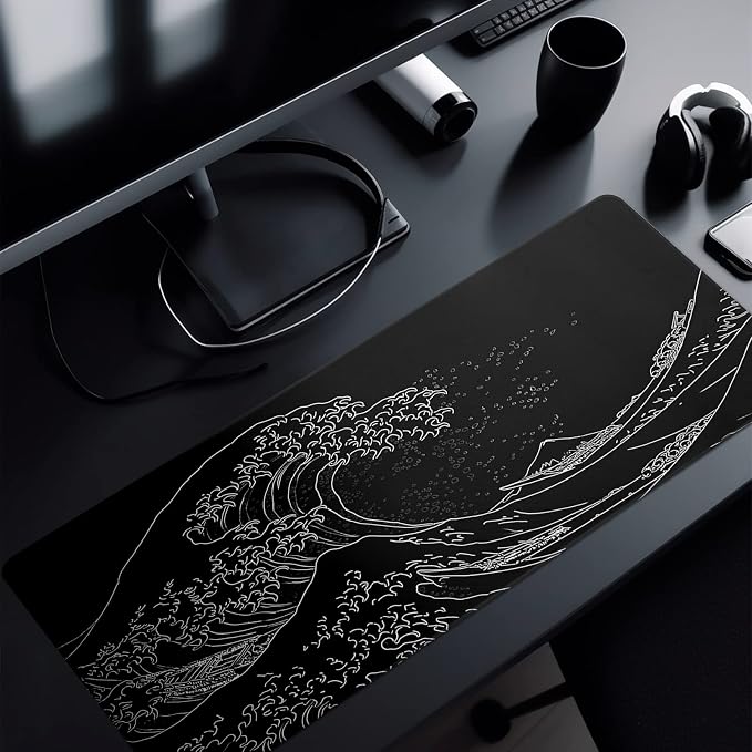 Japanese Gaming Mouse Pad Abstract Black Mouse Pad 31.5x11.8 Inch Black Sea - Image 6