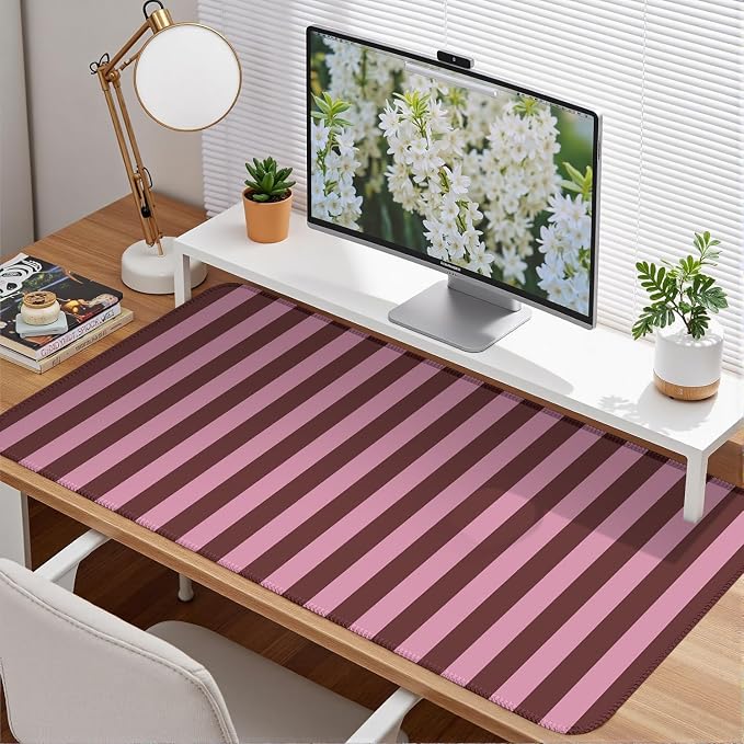 Pink and Burgundy Striped Desk Mat Cute Pastel XXL Large Gaming Mouse Pad Desk - Image 2