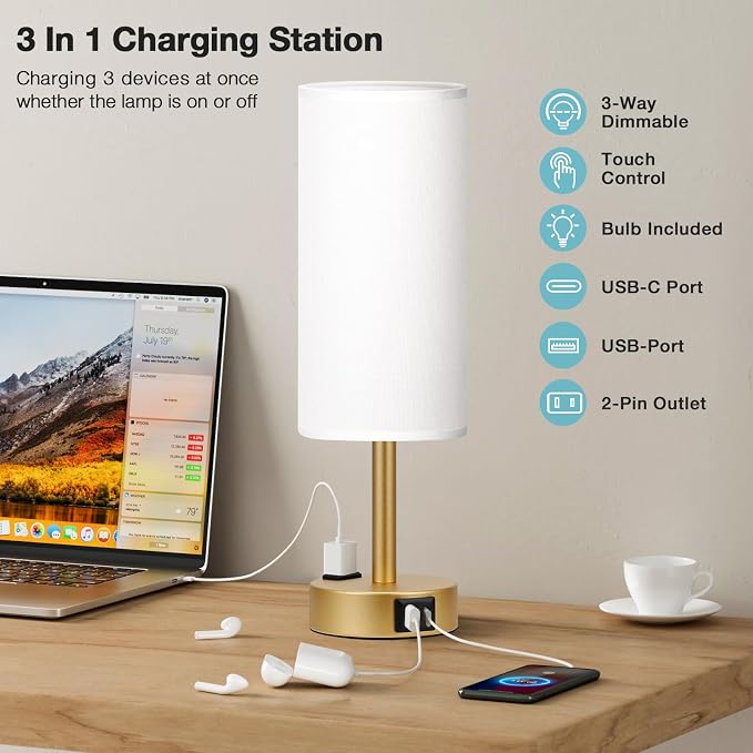 Fenmzee Gold Touch Lamp for Bedroom- 3 Way Dimmable Bedside Lamp USB C A - Image 3