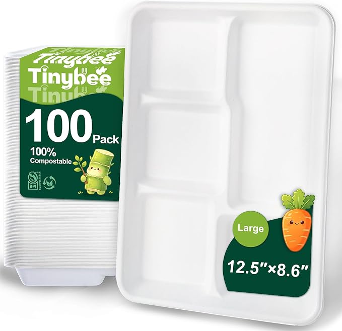 Tinybee 100% Compostable 5 Compartment Paper Plates 12.5 * 8.6 Inch Large Heavy by Tinybee