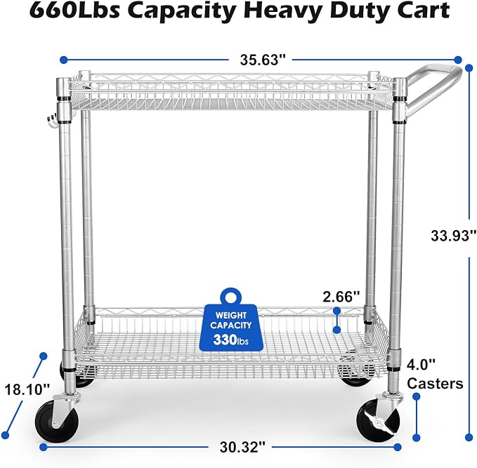 WDT Heavy Duty 2 Tier Rolling Cart, NSF Listed, 660Lbs Capacity, Commercial - Image 4