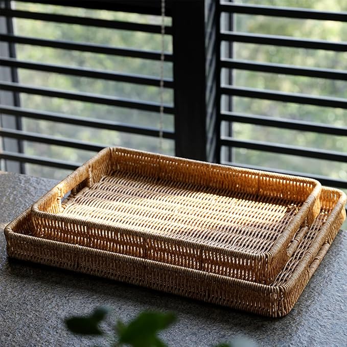 2 Pack Rectangle Rattan Serving Trays - Image 7