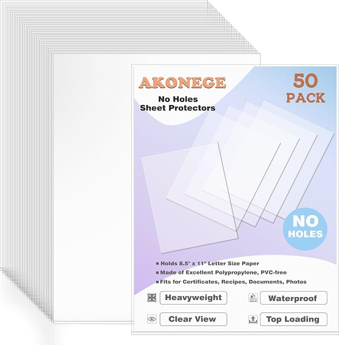 AKONEGE 50 Pack No Holes Sheet Protectors 8.5 x 11 Inch Letter Size Page by AKONEGE