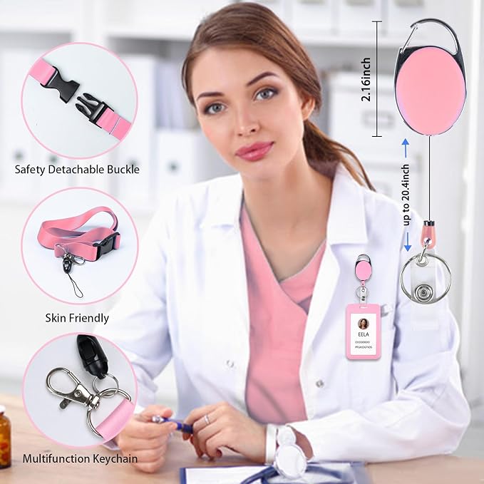 Pink ID Badge Holder with Lanyard, Retractable Badge Holders Reels and Lanyards - Image 2