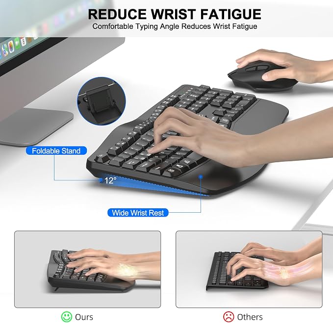 Wireless Keyboard and Mouse Combo, 2.4G Full Size Wave Keys Ergonomic Keyboard - Image 3