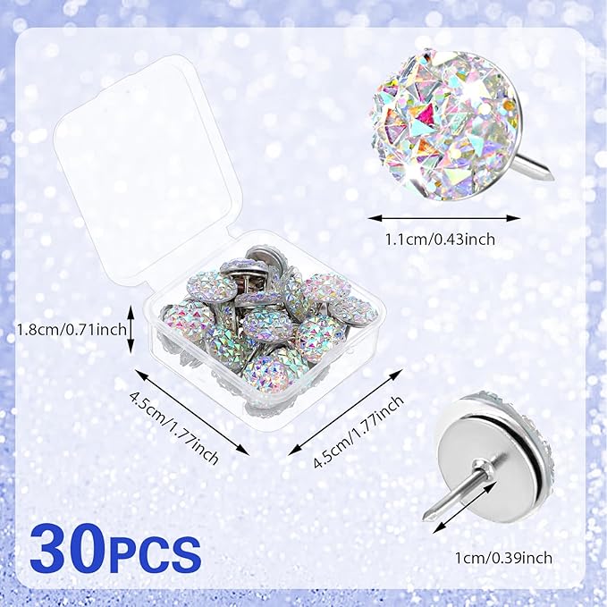 Mabor 30Pcs Decorative Thumb Tacks Glitter Rhinestone Cute Push Pins - Image 2