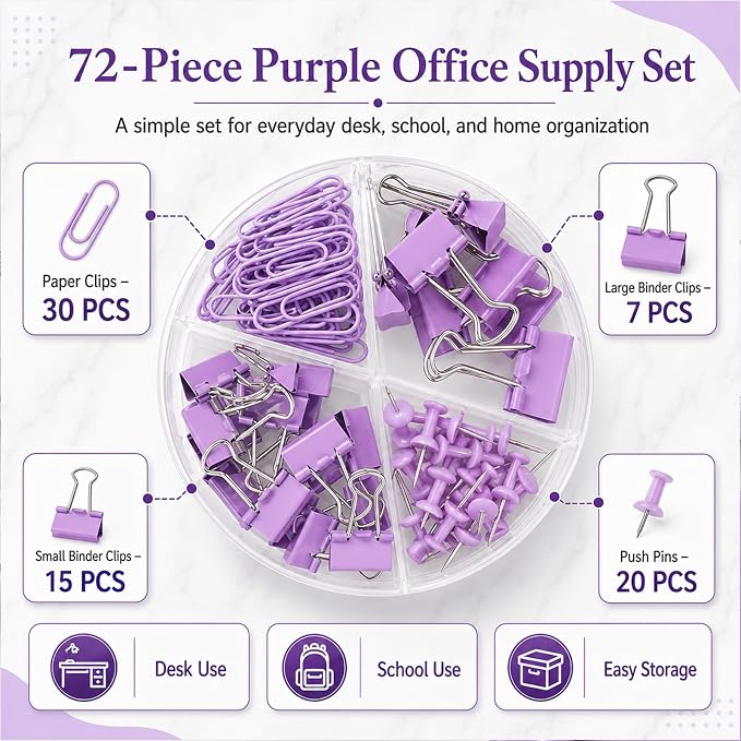 Purple Binder Clips and Paper Clips Push Pins Tacks Sets, Total 72 PCS Assorted - Image 5