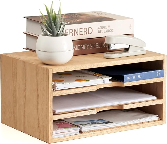KIRIGEN Wooden Desktop Organizer, 3 Tier Solid Wood Letter Tray and Paper File by KIRIGEN