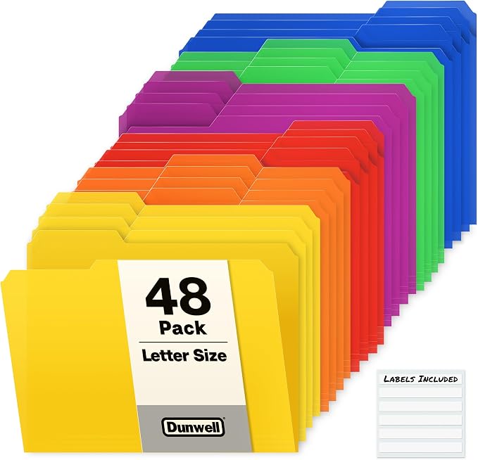 Dunwell Plastic Colored File Folders, 1/3 Tab Filing Folders by Dunwell