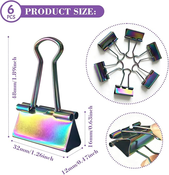 6 Pcs Rainbow Paper Clamps, Medium Binder Clips, 1.25 Inch Length - Image 2
