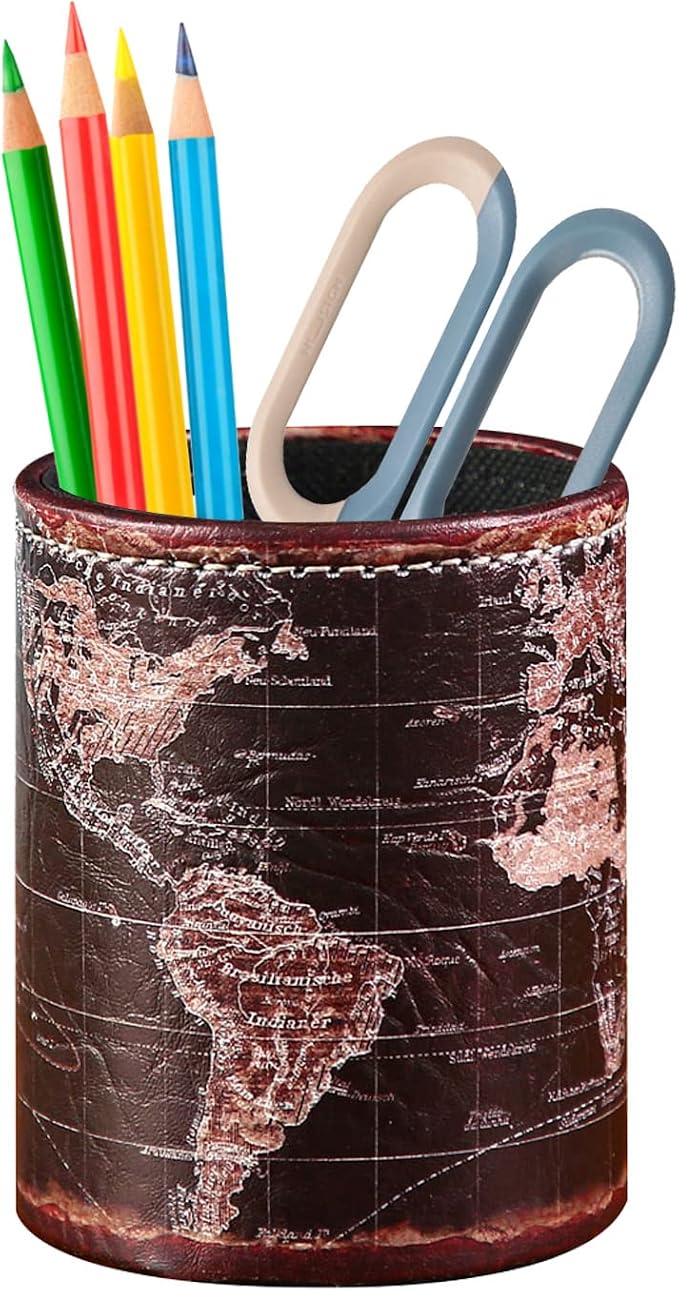 Black World Map Pencil Holder for Desk, PU leather Pencil Cup, Globe Pen Holder - Image 9