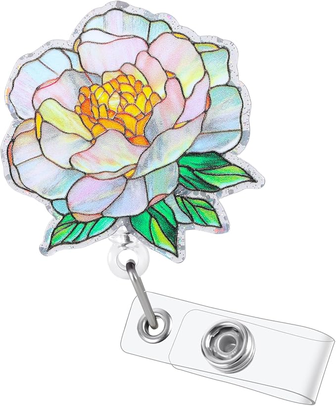 Funny Floral Nurse Badge Reel, Cute Peony Retractable ID Badge Holder, Name Tag by Unknown
