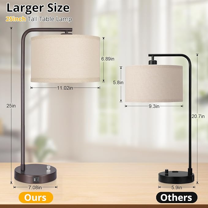 25" Tall Table Lamp with USB C+A Ports, Fully Stepless Dimmable Modern - Image 2