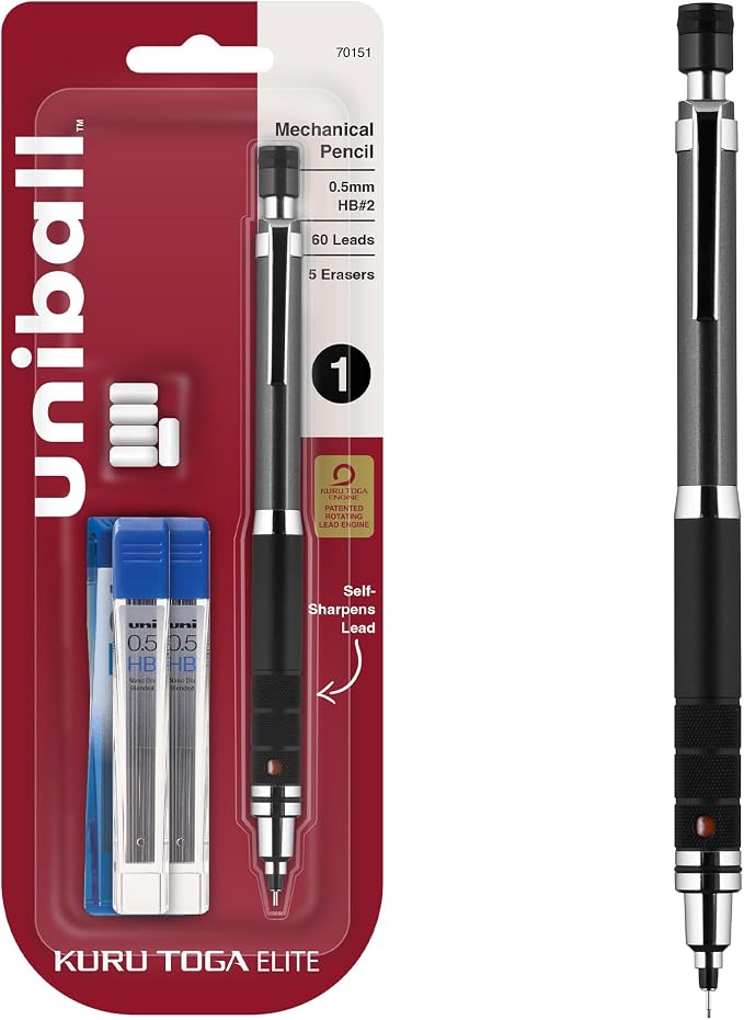 uniball Kuru Toga Elite Mechanical Pencil Starter Kit, HB #2, Gun Metal Barrel by uni-ball