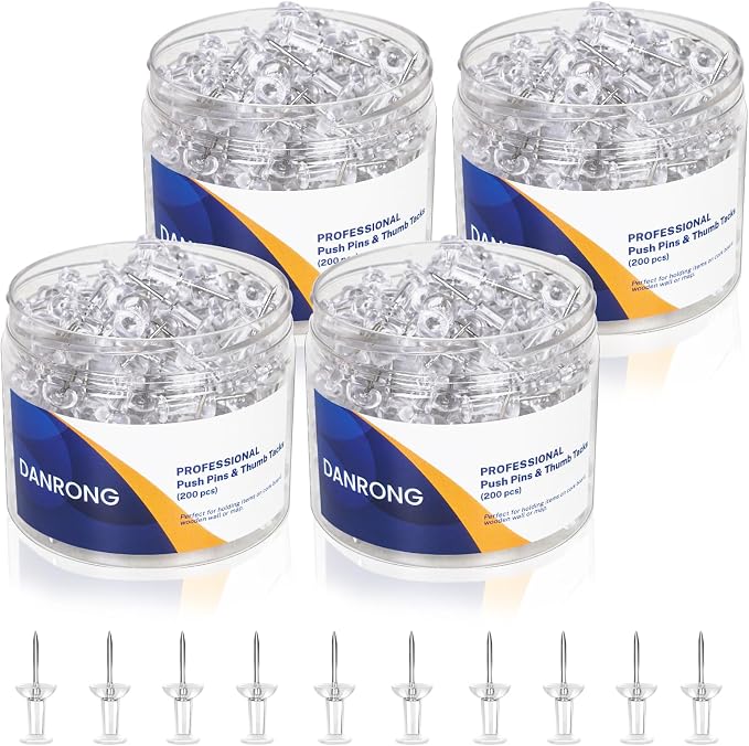 800 PCS Clear Push Pins, Standard Thumb Tacks by DANRONG