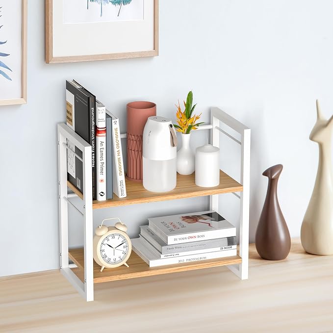 Office Desk Shelf Organizer, Wood Desktop Bookshelf Supplies Storage Rack - Image 4