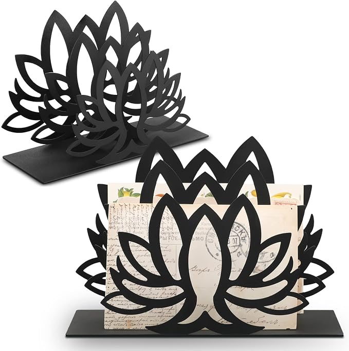 Lotus Desktop Mail Organizer Lotus Shaped Mail Holder Countertop Black Metal by Peryiter