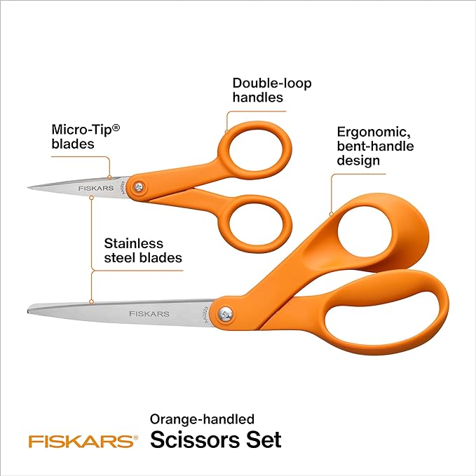 Fiskars Original Orange Handled Scissors 2-Piece Set, Paper and Fabric Supplies - Image 2