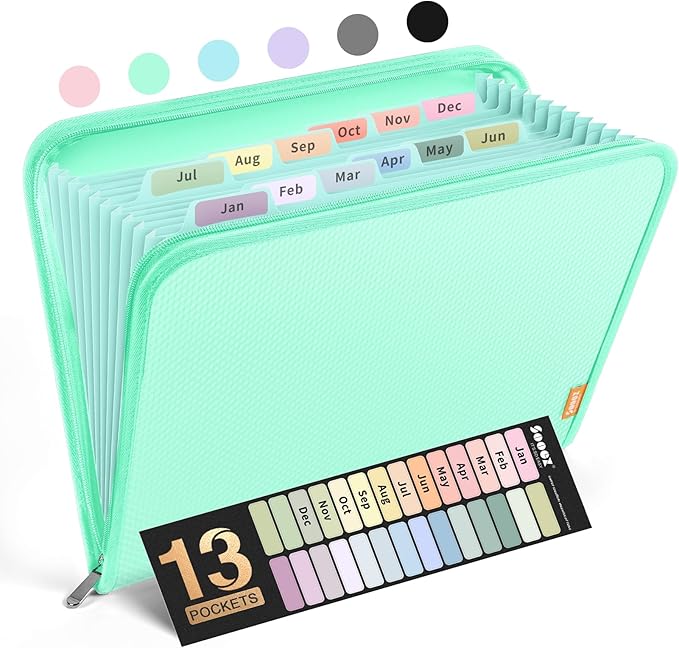 Sooez 13 Pocket Accordion File Organizer, Zipper Expanding File Folder Organizer by Sooez
