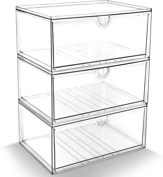 Prsildan Acrylic Makeup Organizer, 3 Pack Stackable Clear Storage Drawers by Prsildan