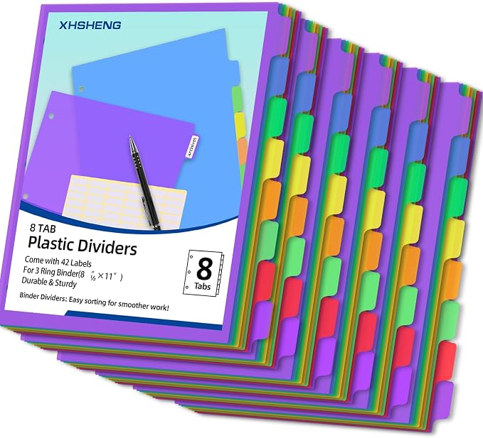 Binder Dividers for 3 Ring Binder, 8 Tab Plastic File Dividers by XHSHENGOFFICEPRODUCT