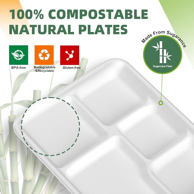 WELLIFE 125 Pack Kids Small 5-Compartment Paper Plates, 10.25x8.25 Inch 100% - Image 8