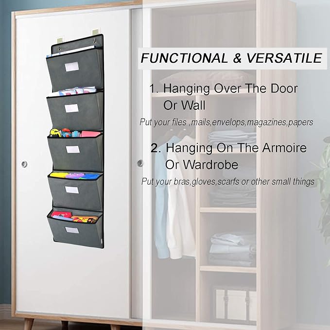 Over the Door Hanging File Organizer 5 Extra Large Pockets Wall Hanging File - Image 5