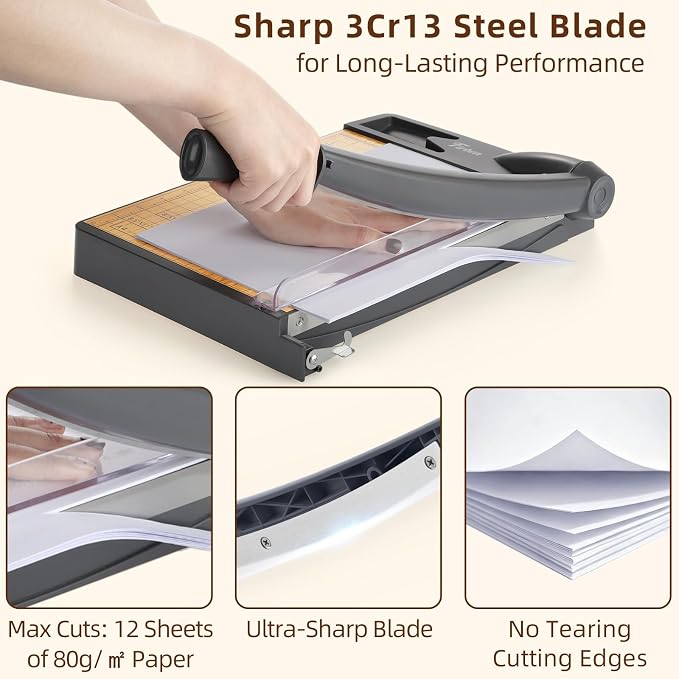 Firbon 12-Inch Wood Base Guillotine Paper Cutter, Heavy Duty 12-Sheet Capacity - Image 2