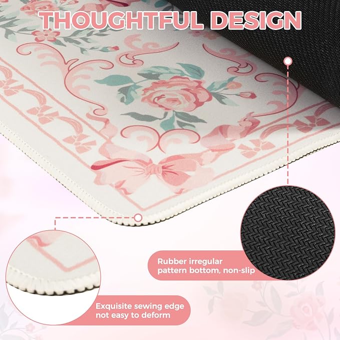 iCasso Pink Desk Mat for Desktop, Cute Desk Pad for Women, Girly Bow Mouse Pad - Image 3