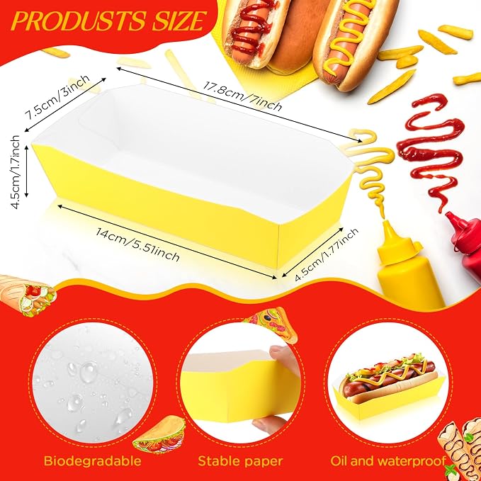 Yeaqee 100 Pcs 7" Paper Hot Dog Trays Disposable Paper Food Nacho Boats Hot Dog - Image 2
