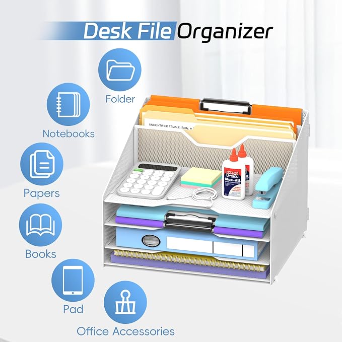 Desk File Organizer, 4 Letter Trays and 2 Upright Sections, school and - Image 4