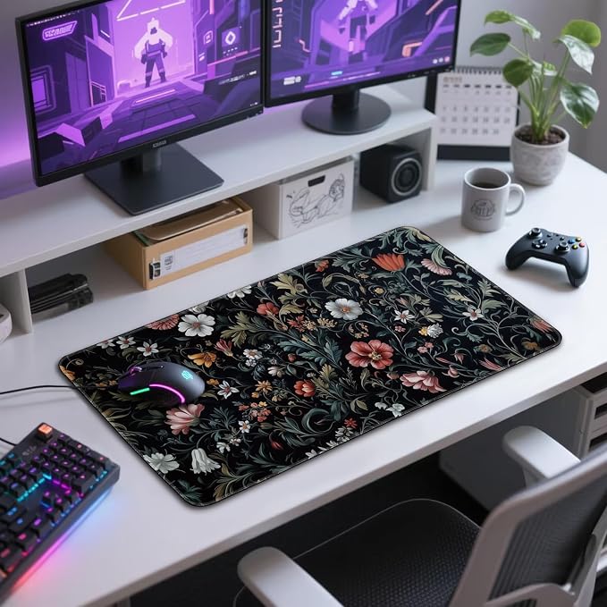 Dark Floral Pattern Large Gaming Mouse Pad 31.5"x15.7"｜XXL Desk Mat, Non-Slip - Image 7