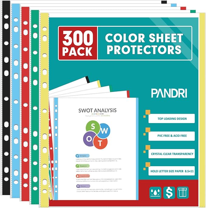 Sheet Protectors, PANDRI 300 Pack Color Heavy Duty Plastic Page Protectors by PANDRI