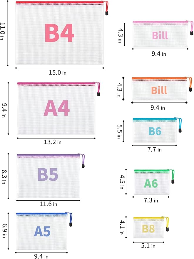 JARLINK 36 Pack 8 Sizes Mesh Pouch, 9 Colors, Waterproof Zipper File Bags - Image 2