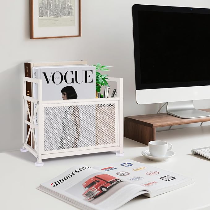 White Magazine Holder, Metal Magazine Rack Floor, Magazine Storage Basket - Image 3