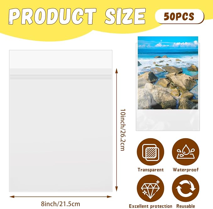 VOKOY 50 Pack 8 3/8 x 10 1/8 inches Crystal Clear Sleeves Storage Bags - Image 2
