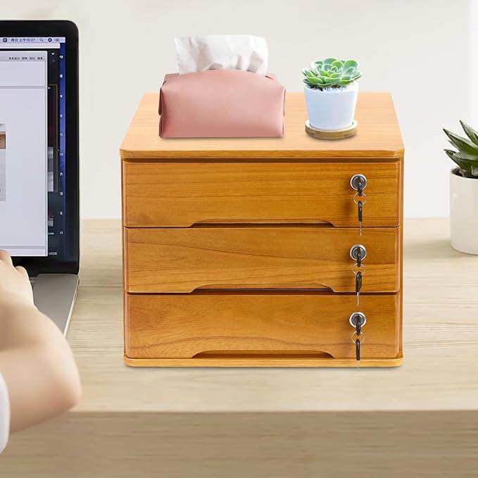 Lockable Desk Organizer Wooden Desktop Drawers Office Flat Files Storage Box - Image 2
