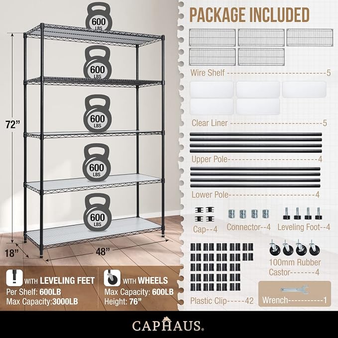 CAPHAUS NSF Commercial Grade Heavy Duty Wire Shelving w/Wheels, Leveling Feet & - Image 3