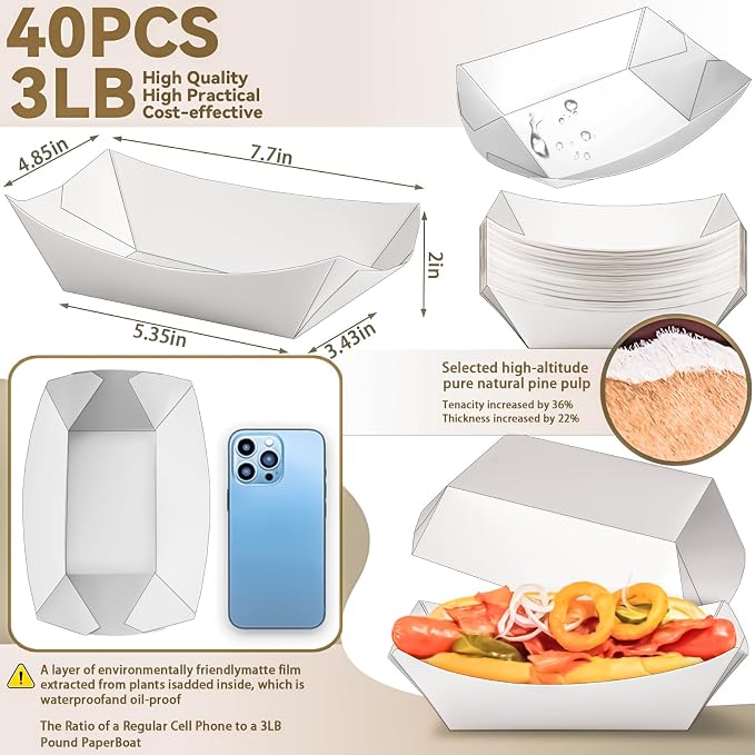 40 Pack White 3LB Paper Food Boat Trays Disposable Paper Boats Plates Containers - Image 2