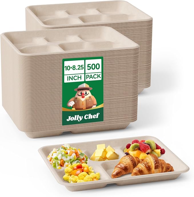 JOLLY CHEF Compostable  Compartment Paper Plates 10 * 8.25 * 1  Small by JOLLYCHEF