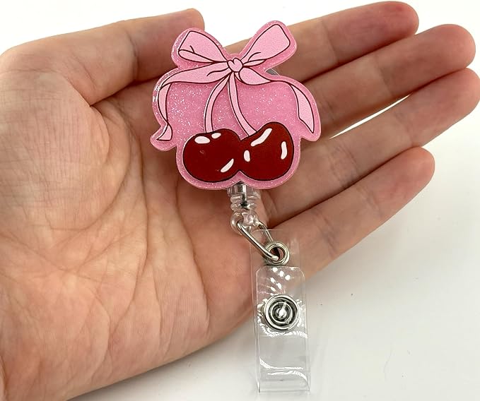 Pink Bow Cherry Badge Reel, Cute Retractable ID Card Badge Holder, Name Tag - Image 3