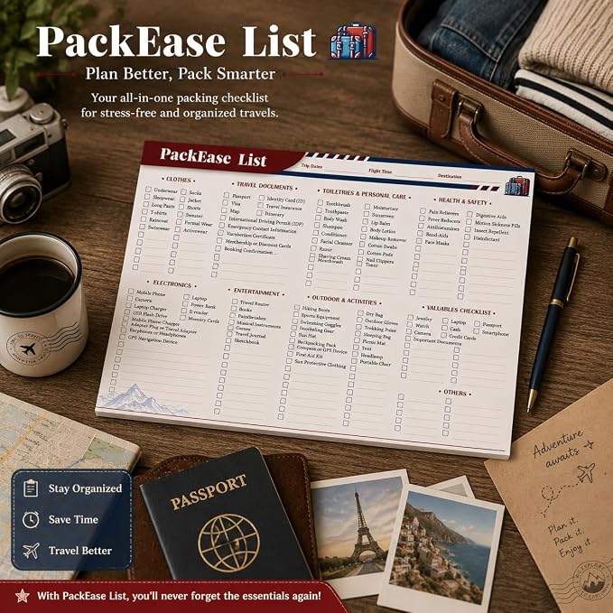 Large Travel Packing list PackEase checklist Essentials Memo Note Pad | A4 Size - Image 4