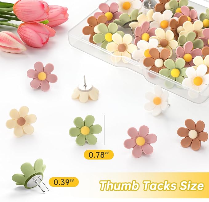 50Pcs Flower Push Pins, 5 Colors Cute Cork Board Pins, Decorative Thumb Tacks - Image 2