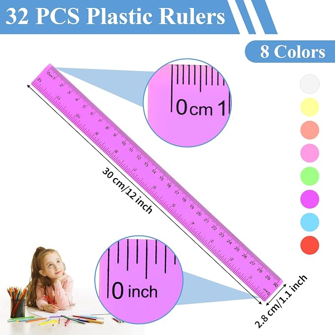 32 Pack Assorted Color Clear Rulers 12 inch, Plastic Ruler Bulks - Image 2