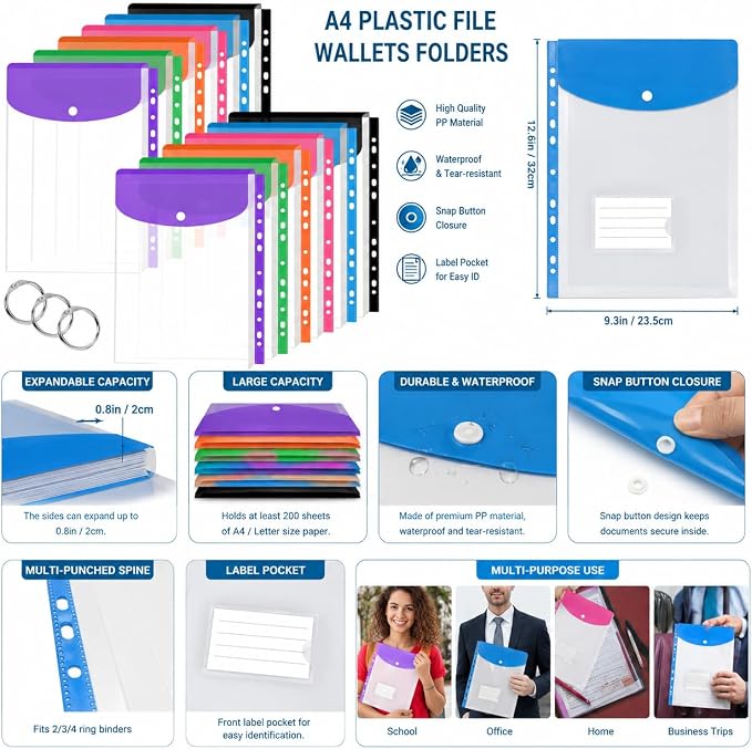 Clear Plastic Document Envelopes, 12 Pack, 6 Colors, Button Closure, - Image 2