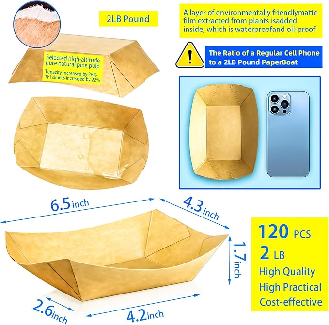 120 Pack 2Lb Paper Food Boat Trays Disposable Paper Boat Plate Containers - Image 2