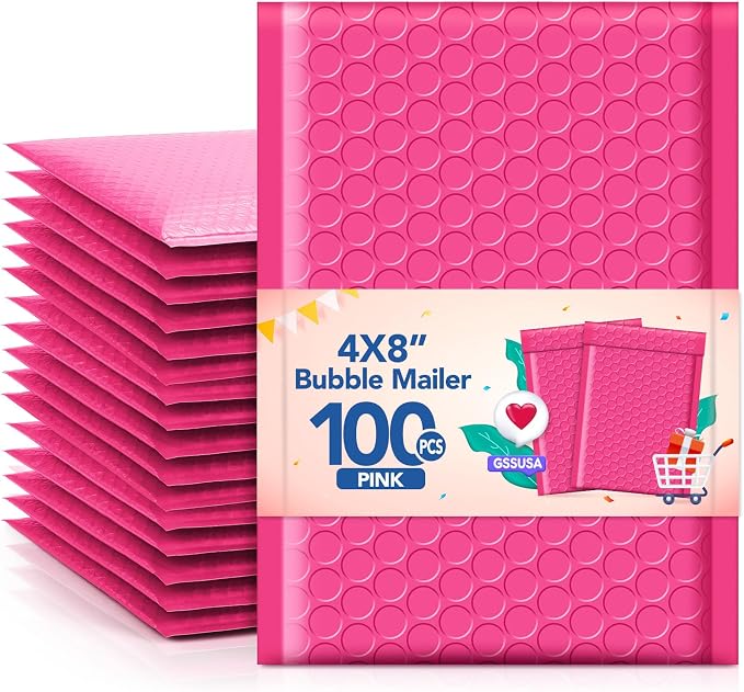 GSSUSA Pink Bubble Mailers 4x8 100 Pack, Self Seal Padded Envelopes | Usable by GSSUSA