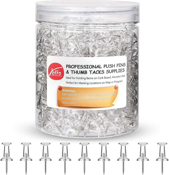 Push Pins 600 Count, Standard Clear Thumb Tacks Steel Point and Clear Plastic by Yalis